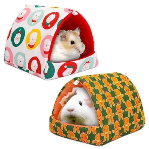UPINS 2 Pack Christmas Guinea Pig Hideout,Guinea Pig Bed Washable Small Animal House Cage Accessories for Chinchillas Hamsters Hedgehogs Ferrets Bearded Dragons and Rats - color: Red Green Yellow, size: 6.8 x 7.4 inch