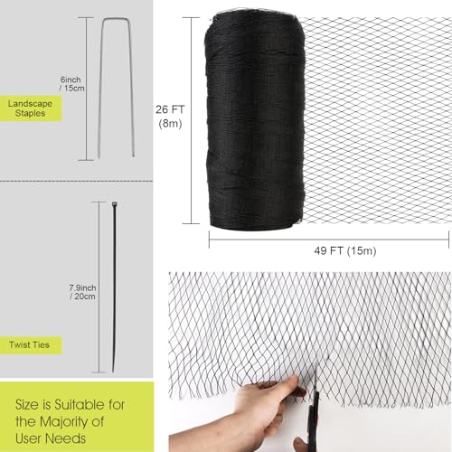 Bird Netting for Garden, 26 x 49FT Heavy Duty Anti Bird Netting Mesh with Ties and Landscape Staples for Vegetable, Fruit Trees & Other Plants, Lasting Against Birds Squirrels and Poultry, Black - size: 26 x 49 FT