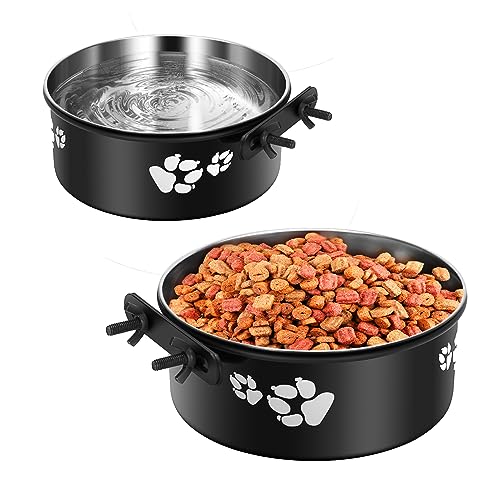 Kennel Water Bowl Hanging, ShineMe 2 Pack Stainless Steel Food and Water Bowl for Dog Cage, Crate, Kennel Bowls Mountable for Medium and Small Dogs, Cats, Pets (6.2x2.6” & 5.5x2.4”) - color: Black, size: M (34oz+25oz)