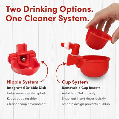 RentACoop Chicken Feeder & Waterer Set– 25lb No-Waste Feeder with 4 Large Ports + 5-Gallon Waterer with Auto-Fill Cups & Horizontal Nipples – BPA-Free, Anti-Roost Cone, Adjustable Stands