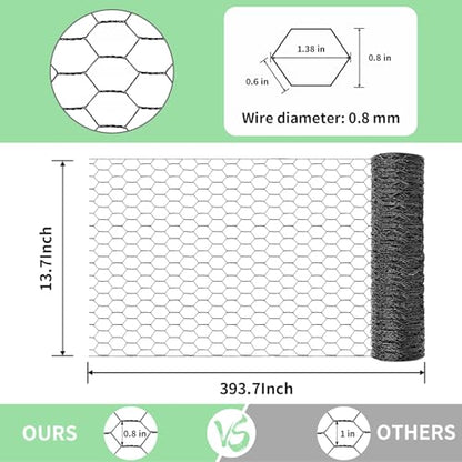 Chicken Wire 13.7 in x 393.7 in Poultry Wire Netting Hexagonal Galvanized Mesh Garden Fence Barrier for Pet Rabbit Chicken Fencing with 100 Pcs Cable Zip Ties(PVC-Coated) - color: Black, size: 13.7"x393.7"+100Ties