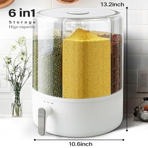 Grain and Rice Storage Container, 6 Grid Grain Dispenser, 360° Rotating 25lb Large Food Dispenser, Rice Dispenser Upgrade 6 Compartment Rotating, Airtight Storage White - size: PRO-L