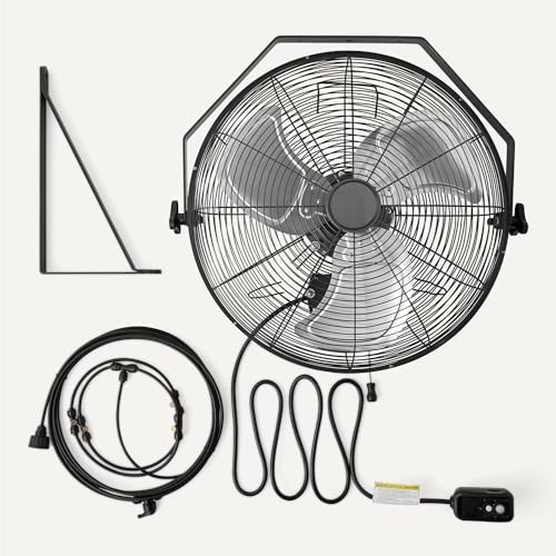 Amazon Basics 18" Outdoor Heavy-Duty Misting Fan, Wall-Mounted, Industrial, Waterproof (IP44), With Tilt Head, Metal Blades, Dual Ball Bearing Motor, 3 Speeds Up to 1550 RPM and 3781 CFM, Black - style: Outdoor Misting Fan