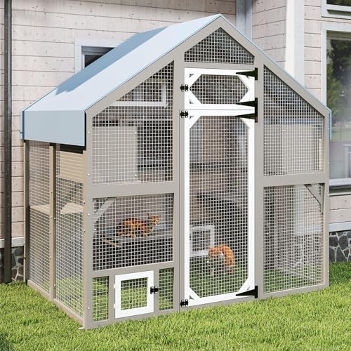 Ketive Cat Catio Outdoor Enclosure for Multiple Cats, Large Wooden Walk-in Cat House with Window Connection, 2 Condos, Platforms, Doors, and Weatherproof Roof Cover (69.5" L x 47" W x 71" H) - size: 69.5"L x 47.0"W x 71.0"H