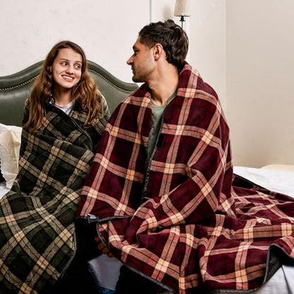 DUKUSEEK Outdoor Stadium Blankets with Hood, Fleece Blankets, Quilted, Extra Thick Fleece, Warm, Windproof, Sandproof, Includes Stuff Sack, Shoulder Strap - color: Dark-blue-blue-plaid