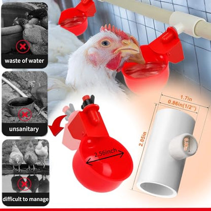 24 Pack Automatic Chicken Waterer Cups Kit, Gravity-Fed Poultry Drinker with PVC Tee Fittings for DIY 1/2" Pipe System for Chickens, Ducks & Turkeys (12 Cups + 12 PVC Tees, 24-Piece Kit)