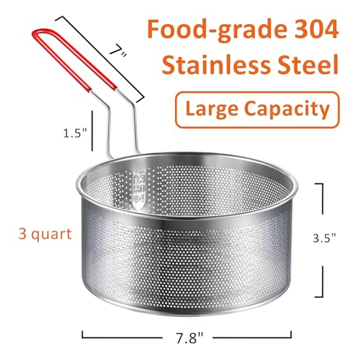 Deep Fryer Basket, 7.8''x4'' Fry Only, Round Stainless Steel Frying Baskets with Heat Resistant Silicone Handle, for Kitchen Cooking Strainer Colander, Serving Food, Ideal for Gift, 3-Quart - size: 7.8'' Deep Fry Basket