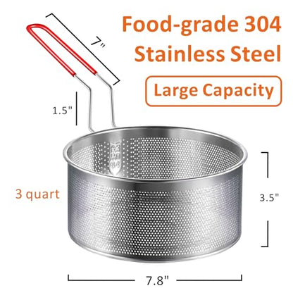 Deep Fryer Basket, 7.8''x4'' Fry Only, Round Stainless Steel Frying Baskets with Heat Resistant Silicone Handle, for Kitchen Cooking Strainer Colander, Serving Food, Ideal for Gift, 3-Quart - size: 7.8'' Deep Fry Basket