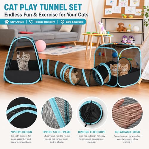 Rabbit Playpen with Tunnel, Breathable & Transparent Rabbit Playpen Pop Open Tent with Tube for Dwarf Rabbits,Ferret, Small Animal Playpens Bunny Tunnels Exercise Play Indoor or Outdoor