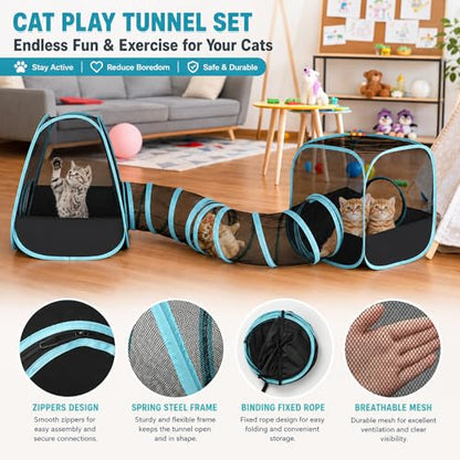 Rabbit Playpen with Tunnel, Breathable & Transparent Rabbit Playpen Pop Open Tent with Tube for Dwarf Rabbits,Ferret, Small Animal Playpens Bunny Tunnels Exercise Play Indoor or Outdoor