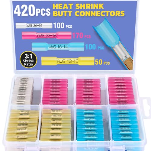 haisstronica 420PCS Heat Shrink Butt Connectors,Waterproof Insulated Electrical Butt Connectors,Wire Connectors Ideal for Marine,Cable,Wiring (4colors/4sizes) - style: 420PCS