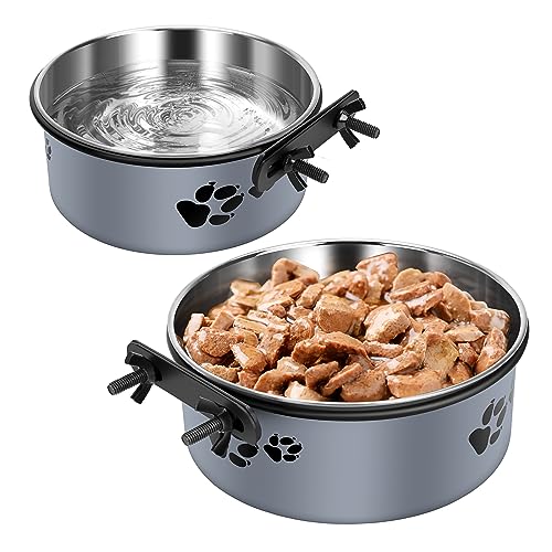 Hanging Dog Bowls for Kennel, ShineMe Stainless Steel Attachable Dog Bowls for Crates Hanging 2 Pack Food and Water Bowl No Spill for Medium and Small Sized Dogs (6.2x2.6” & 5.5x2.4”) - color: Grey, size: M (34oz+25oz)