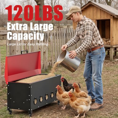 120lbs Automatic Chicken Feeder, Galvanized Steel with Wheels, 10 Feeding Ports & Weatherproof Lid, No Waste, Large Capacity Chicken Feeding Box for Hens, Ducks, Geese - color: 120lbs-Red