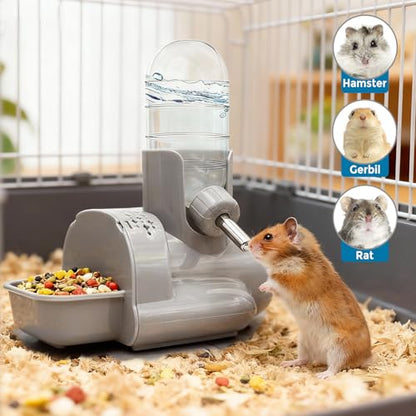 VANNON 3 in 1 Hamster Water Bottle No Drip Small Animal Water Bottle Automatic Bottle Dispenser with Food Container Base Hut and Hideout Base 4oz/120ml,Leekproof, BPA Free - color: Grey