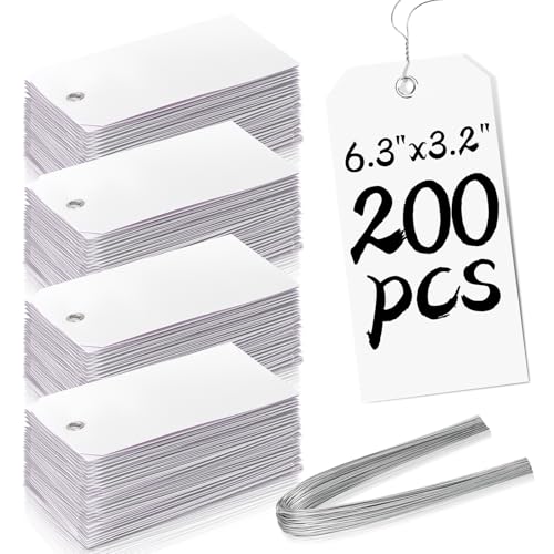 200 Large Sales Tags With String - 6 1/4 x 3 1/8 Inch, Metal Wire Ties, White - color: White