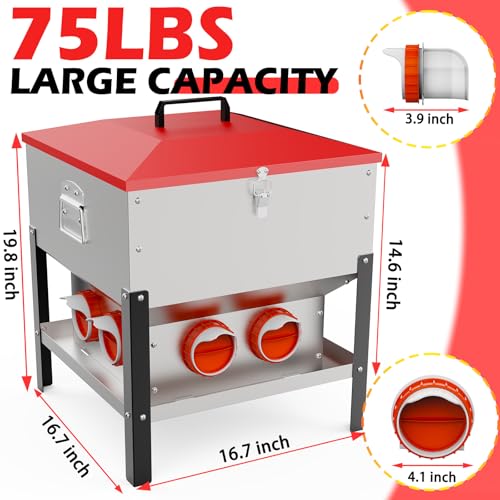 75LB Large Automatic Chicken Feeder with 8 Ports, Dual No Waste Design Metal Chicken Feeders with Locking Lid & Riveted Handles- Waterproof Poultry Feeder for Chickens, Ducks, Geese - size: 8 Ports