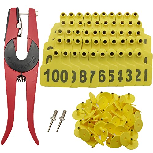 Cattle Ear Tags 001-100 Number Plastic Livestock Animal Tag for Cows Ear Tag Applicator Kit (001-100, Yellow) - color: Yellow
