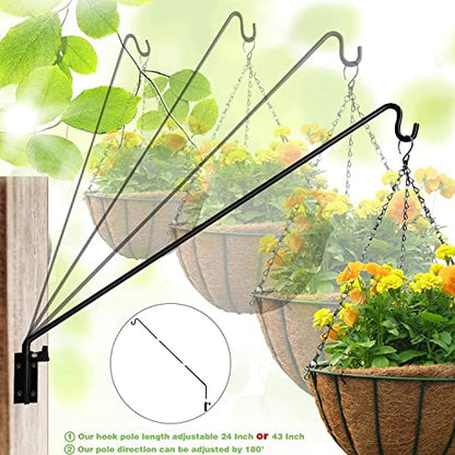 MIXXIDEA 2 Packs Heavy Duty Extended Reach Wall Mounted Deck Hook Wall Pole, Wall Bracket Direction and Length Adjustable Plant Bracket for Bird Feeders, Planters, Suet Baskets, Lanterns, Wind Chimes - size: 43in Long Wall Mounted Hook-2 Packs