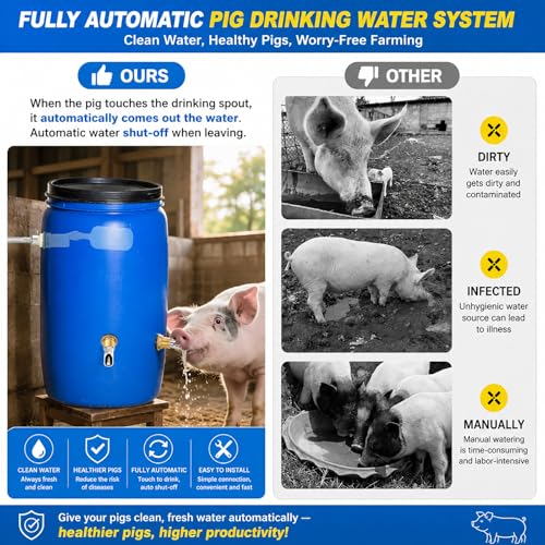 Automatic Pig Waterer Nipple System, Stainless Steel Pig Waterer with Brass Water Tank Connector Kit, Hog Water Drinker Feeder with Float Valve and Garden Hose for Pig Goats Piglets