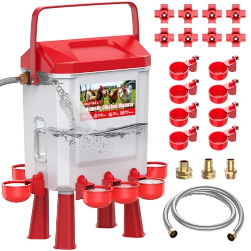 3 Gallons Automatic Chicken Waterer with 8 Chicken Water Cups, 8 Nipples, 6 Plugs, Float-Controlled Chicken Water Feeder with 60 Inch 3/4'' Water Hose, Poultry Waterer Perfect for Chicks, Duck, Goose