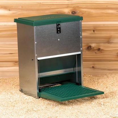 Hatching Time Treadle Chicken Feeder – 26 lb Capacity – Weight-Activated Outdoor Poultry Feeder – Rodent-Resistant, Galvanized Metal, Weatherproof Design for Chickens, Ducks, Game Birds - size: 26 Pound