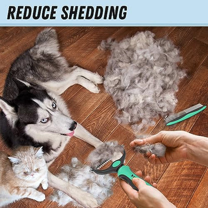 Docrok Pet Grooming Brush and Metal Comb Combo, Cat Brush Dog Brush for Shedding, Undercoat Rake for Dogs Grooming, Dematting Deshedding Brush Dogs Shedding Tool for Long matted Haired Pets, Green - color: Green