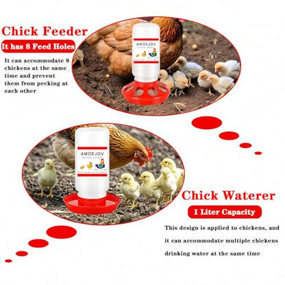 Chick Feeder and Waterer Kit,Automatic Chicken Feeder and Waterer Set with Chick Perch & Chicken Hats for Hen, for Baby Chicks, Ducks, and Quail.Chicken Coop Accessories
