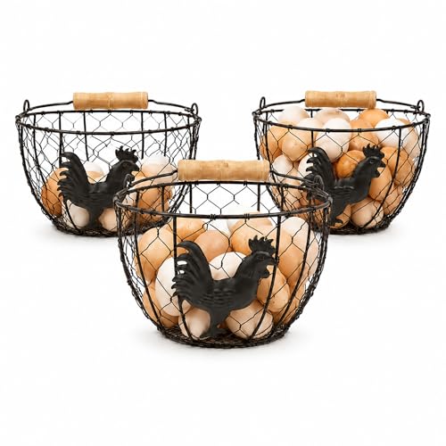 3 Pack 8 Inch Egg Basket for Gathering Fresh Eggs, Farmhouse Wire Holder with Wood Handle, Rustic Metal Round Countertop Storage with Rooster Pattern for Chicken Coop, Kitchen and Pantry