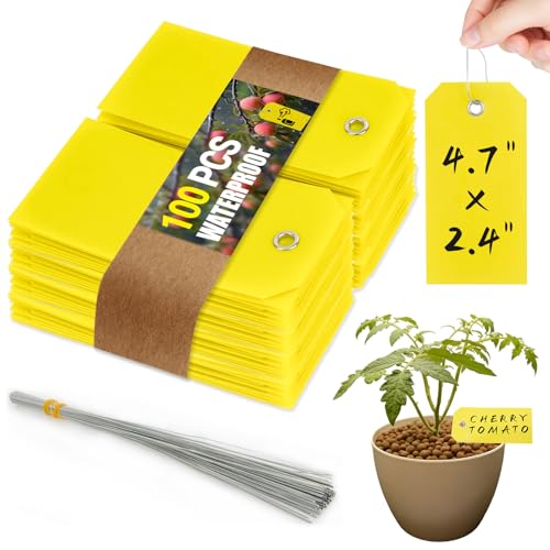 100pcs Plastic Tags with Wires - CARGEN Waterproof Shipping Tags with Wire Ties Blank Waterproof Tag for Outdoors Writeable Tag Palstic (4 3/4 x 2 3/8, Yellow)
