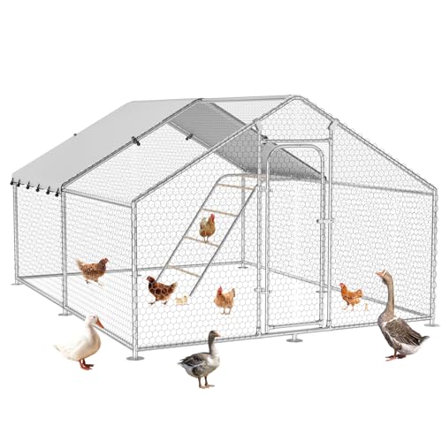 Large Metal Chicken Coop with Roosting Perch, Waterproof and UV-Resistant Cover,Outdoor Walk-in Cage Hen House for Yard Farm Rabbit Duck Chicken Run Spire Roof (10’ W x 13.2’ L x 6.4’ H) - size: 13x10Ft-Spire
