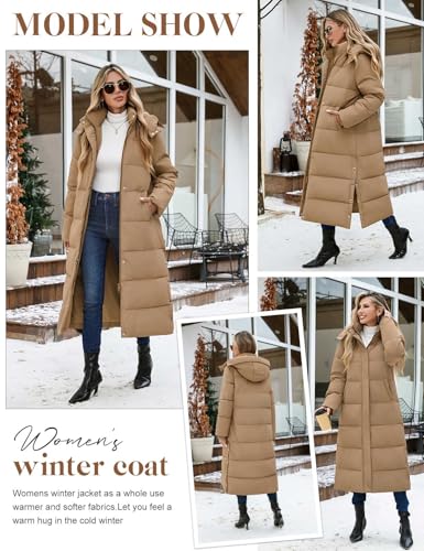 UMIPUBO Women's Long Maxi Down Coat Winter Puffer Jacket Warm Padded Outerwear Faux Fur Removable Hood Parka Full-Zip - color: Khaki, size: Medium