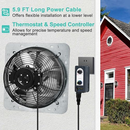 10 Inch Shutter Exhaust Fan with Thermostat and Speed Controller, Wall Mounted Vent Fan for Attic, Greenhouse, Shed, Garage, Chicken Coop, Shop Ventilation, 820 CFM, 1200 SQF Coverage Area - size: 10 Inch