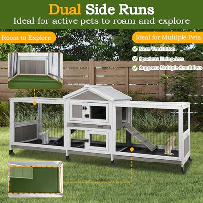 PetsCosset Double Rabbit Hutch Outdoor Indoor Large Bunny Cage with Dual Side Runs, 2-Story Wooden Hutch with 4 Leak Proof Trays, 8 Wheels, Waterproof Roof, Ramp, for Small to Medium Animals - size: 93.0"L x 22.1"W x 35.0"H
