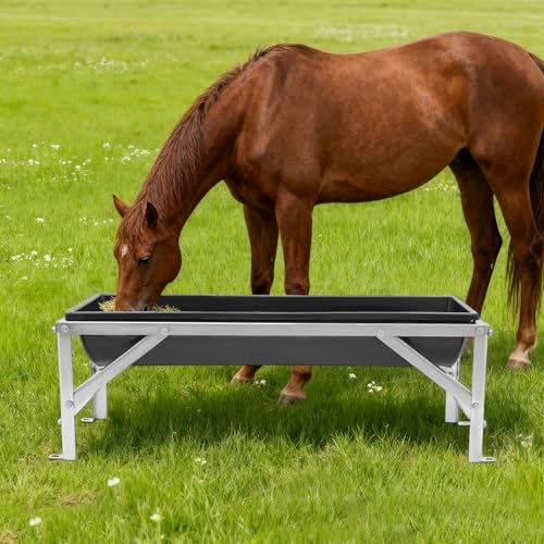 Livestock Feed Trough 9.25Gal, Long Large Capacity Feeder with Stand for Goat Sheep Pig Horse, Heavy Duty Galvanized Frame Hay Feeder, 40.55 x 12.99 x 14.37 inch (Black) - color: Black