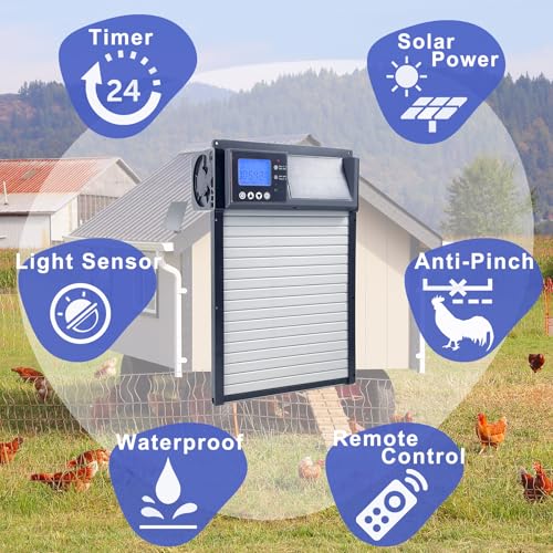 SolarGuard Automatic Chicken Coop Door – Aluminum Alloy Solar-Powered Door with LCD Display, Weatherproof Design, Anti-Pinch Safety, 4 Operation Modes, and Battery Backup for Hens, Ducks, Poultry