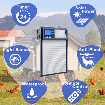 SolarGuard Automatic Chicken Coop Door – Aluminum Alloy Solar-Powered Door with LCD Display, Weatherproof Design, Anti-Pinch Safety, 4 Operation Modes, and Battery Backup for Hens, Ducks, Poultry