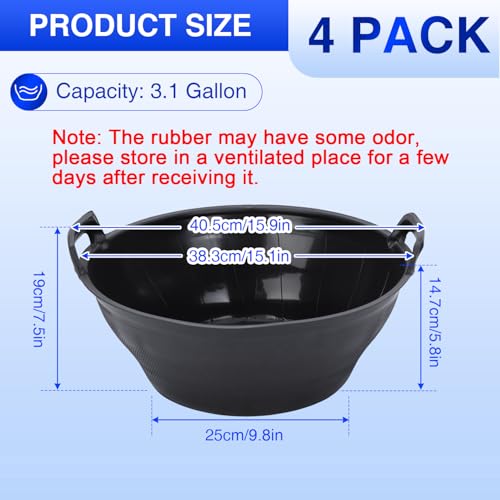 Rubber Feeder Pan, 3.1 Gallon Large Horse Feed Bucket, Heavy Duty Rubber Water Bowl for Livestock, Stackable Chicken Dust Bath Tub for Goats Livestock Animal Feeding Cats Dogs Pigs (4)