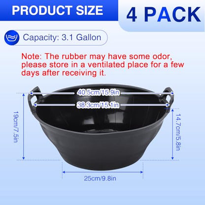 Rubber Feeder Pan, 3.1 Gallon Large Horse Feed Bucket, Heavy Duty Rubber Water Bowl for Livestock, Stackable Chicken Dust Bath Tub for Goats Livestock Animal Feeding Cats Dogs Pigs (4)