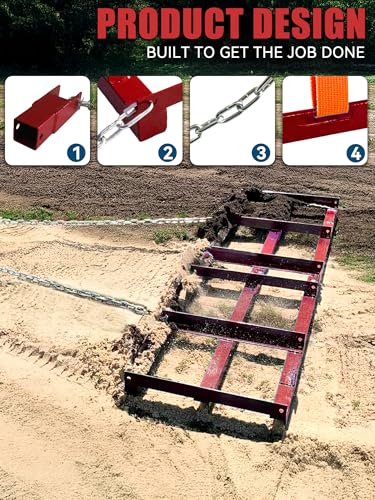 6ft Heavy Duty Drag Harrow for ATV, UTV, Tractor - Adjustable Tow Behind Leveling Rake with Weight Tray for Driveway Grader, Lawn, Field, Pasture, Food Plot Maintenance, Red(72 inch) - size: 6 ft
