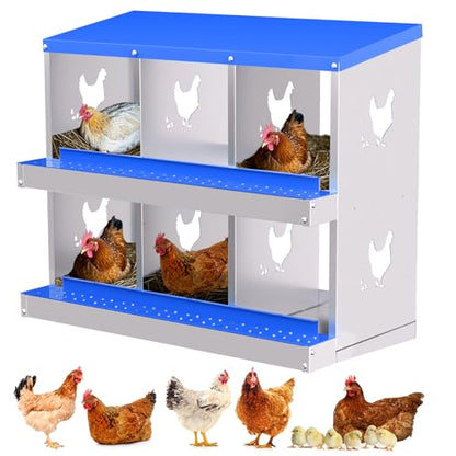 Chicken Nesting Boxes with 6 Compartments, Metal Roll Away Laying Box with Lid Cover, Easy Egg Collection for Hen Roosting and Coop Use (Blue) - color: Blue, size: 6 compartments, without bracket
