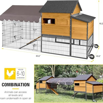 Chicken Coop All-Iron Frame Large Hen House Mobile Poultry Cage with Nesting Box,Metal Run,Waterproof Rain Cover Duck Coop, 85" - size: 85.6"L x 48.2"W x 48.2"H