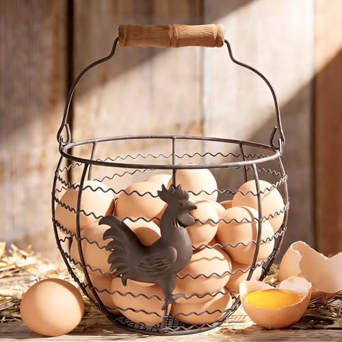 Wire Egg Basket for Gathering Fresh Eggs with Wooden Handle, Rooster Decorated Vintage Style Chicken Egg Collecting Basket, Countertop Eggs Holder for Farmhouse Kitchen & Easter Decor
