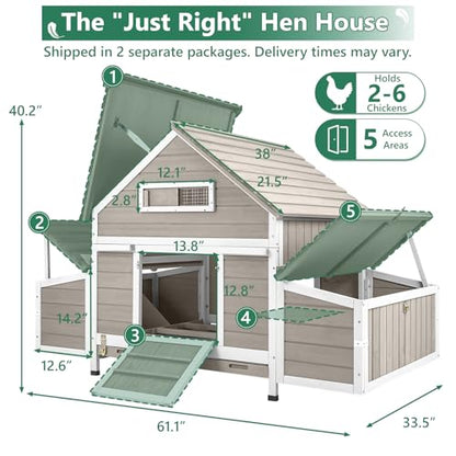 Large Chicken Coop for 4 - 6 Chickens with 6 Nesting Boxes, Wooden Outdoor Hen House with Pull-Out Tray, Backyard Chicken Coop with Weatherproof Openable Roof, 3 Perches, Expandable Run(61"L x 33.5"W) - size: 61.0"L x 33.5"W x 40.2"H