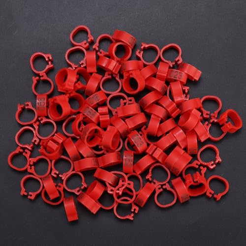 Chicken Leg Bands, Duck Leg Bands, 100PCS 001 to 100 Numbered Pigeon Bands, Bird Leg Bands, 8MM Diameter Pigeon Leg Ring, 5MM Height Reusable Marking Rings for Poultry (Red)
