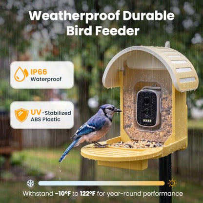 Smart Bird Feeder with Camera, Yellow | 2.5K UHD, AI Identifies 11,000+ Bird Species, Real-time Videos & Pictures, Solar Powered, Wireless for Outdoor, Gift - color: Yellow