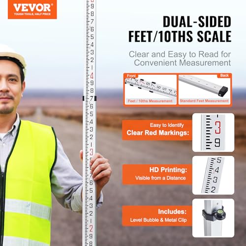 VEVOR Aluminum Grade 14-Feet 6 Sections Telescopic Measuring Rod, Double-Sided Scale 1/10 ft Leveling Rod with Bubble Level & Carrying Bag for Houses, Walls, Floors - size: 14 FT-10ths