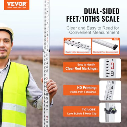 VEVOR Aluminum Grade 14-Feet 6 Sections Telescopic Measuring Rod, Double-Sided Scale 1/10 ft Leveling Rod with Bubble Level & Carrying Bag for Houses, Walls, Floors - size: 14 FT-10ths