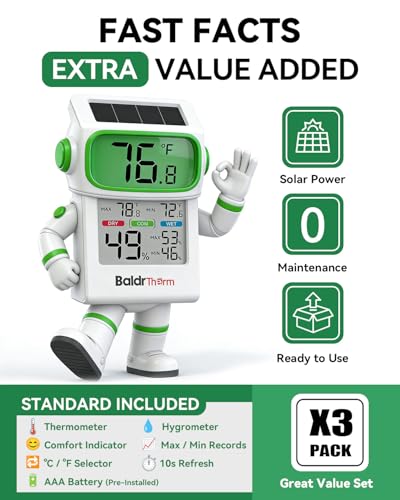 BALDR Indoor Thermometer Hygrometer, Solar Power with Battery Backup, Large Display, Daily Max/Min & Comfort Indicator Humidity Meter - color: Grey