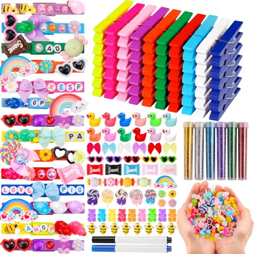 80 Set Cheer Pins Spirit Clips Clothes Wooden Pins for Backpacks Include 90 Mini Resin Animals 30 Mini Bows 500 Beads Cheer Clothespins Decorations Ribbon Team Classroom Cheer Gifts Bulk（Colorful） - style: 80Set Cheer Pins