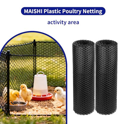 2-Rolls MAISHI 24" x 10ft Plastic Chicken Fence- 1/2"(12.7mm) Hole Poultry Netting for Chick Brooder & Nursery - Lightweight Rustproof Garden Fencing for Small Animals, Easy Cut HDPE Barrier, Black